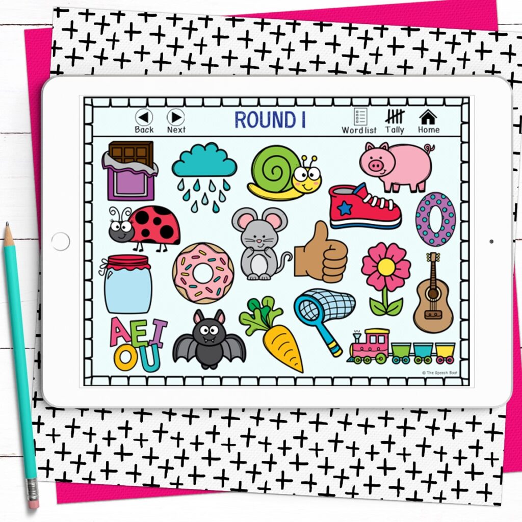 "Spot'Em" activity page with many fun and colorful images containing articulation target sounds for articulation groups in speech therapy.