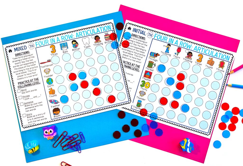 "Four in a row articulation" activity with pieces on the game board. The pieces are trying to connect four spaces related to two words and images that contain speech sound targets for articulation therapy .