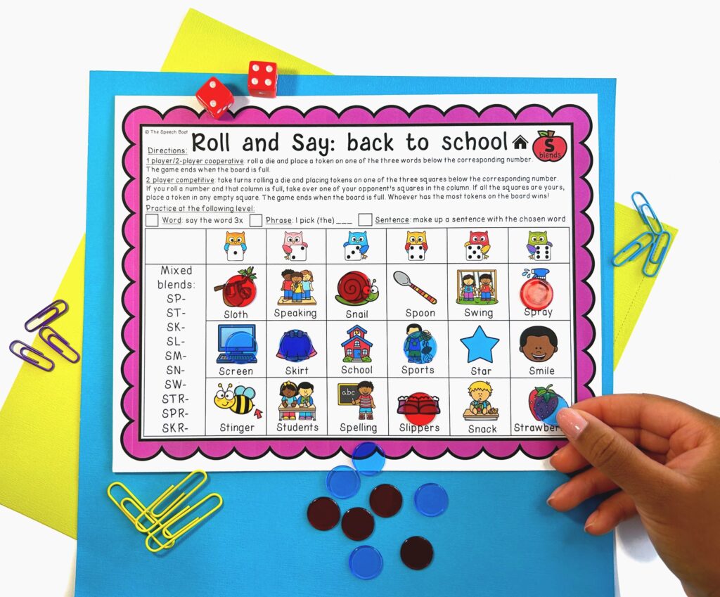 The "Roll and Say" activity with dice and markers covering S blend words depicted in a fun and colorful setting. This activity is perfect for articulation speech therapy