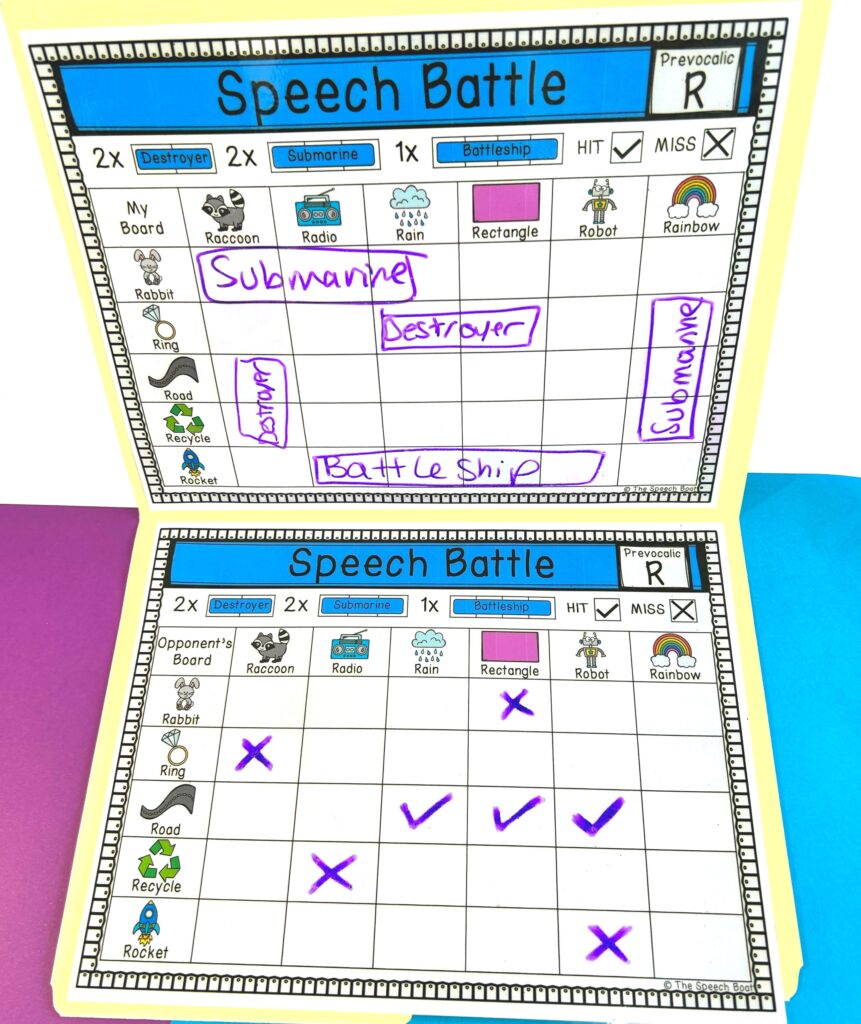 "Speech Battle" activity showing two boards - my board and the opponent's board. On "My Board" boats are drawn across squares according to their size. Each square corresponds to coordinates assigned to two separate speech sound pictures for articulation therapy. The "Opponent's Board" has X and checkmarks at coordinates where you have guessed the location of your opponent's battleships. 