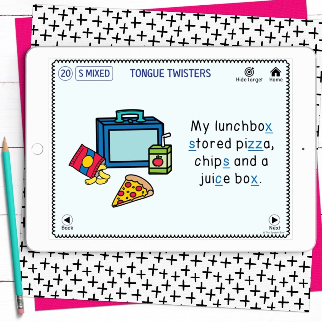 A colorful image depicting a lunch box accompanied by a tongue twister reading as: my lunchbox stored pizza, chips, and a juice box with each /s/ sound underlined and highlighted in the sentence. Highlighting reading passages is a great tip for support articulation students self-monitoring their sound productions. 