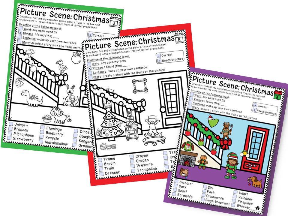 Three Christmas-themed picture scenes with articulation targets listed below. Each picture scene targets a different sound, perfect for articulation groups working on different sounds. Two of the scenes are in black and white and one of them is completely colored. I love using seasonal picture scenes in articulation groups.