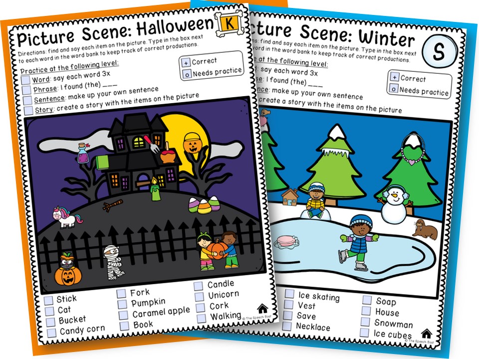 Two fun articulation picture scenes for Halloween "K" sound and Winter "S" sound. I love using seasonal picture scenes in articulation groups throughout the year.