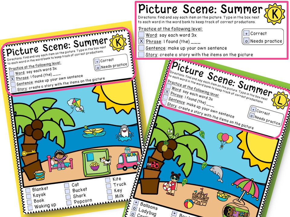 Two colorful summer-themed picture scenes for the "K" sound and the "L" sound. The area above the scenes include editable check boxes to indicate the practice level of the students. These boxes are best used when picture scenes are sent as homework material to work on their articulation speech therapy. I love using seasonal picture scenes for articulation therapy homework.