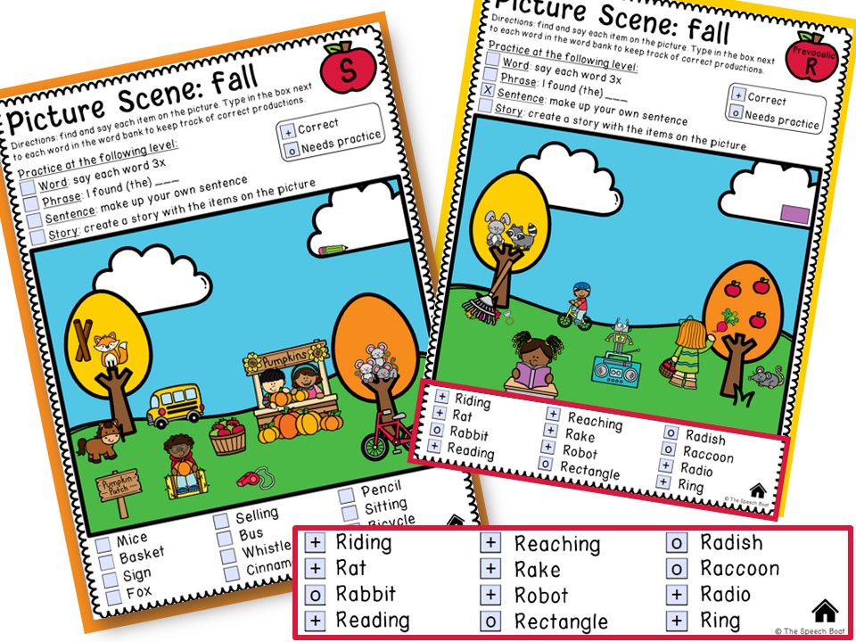 Two colorful fall-themed picture scenes for the "S" sound and Prevocalic "R" sound, ideal for group articulation. Editable check boxes are listed next to the target sound words below the picture scenes. I love using seasonal picture scenes in articulation groups.