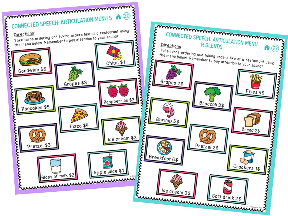 2 articulation menus. They represent one of my favorite activities to support articulation carryover with emerging readers. 